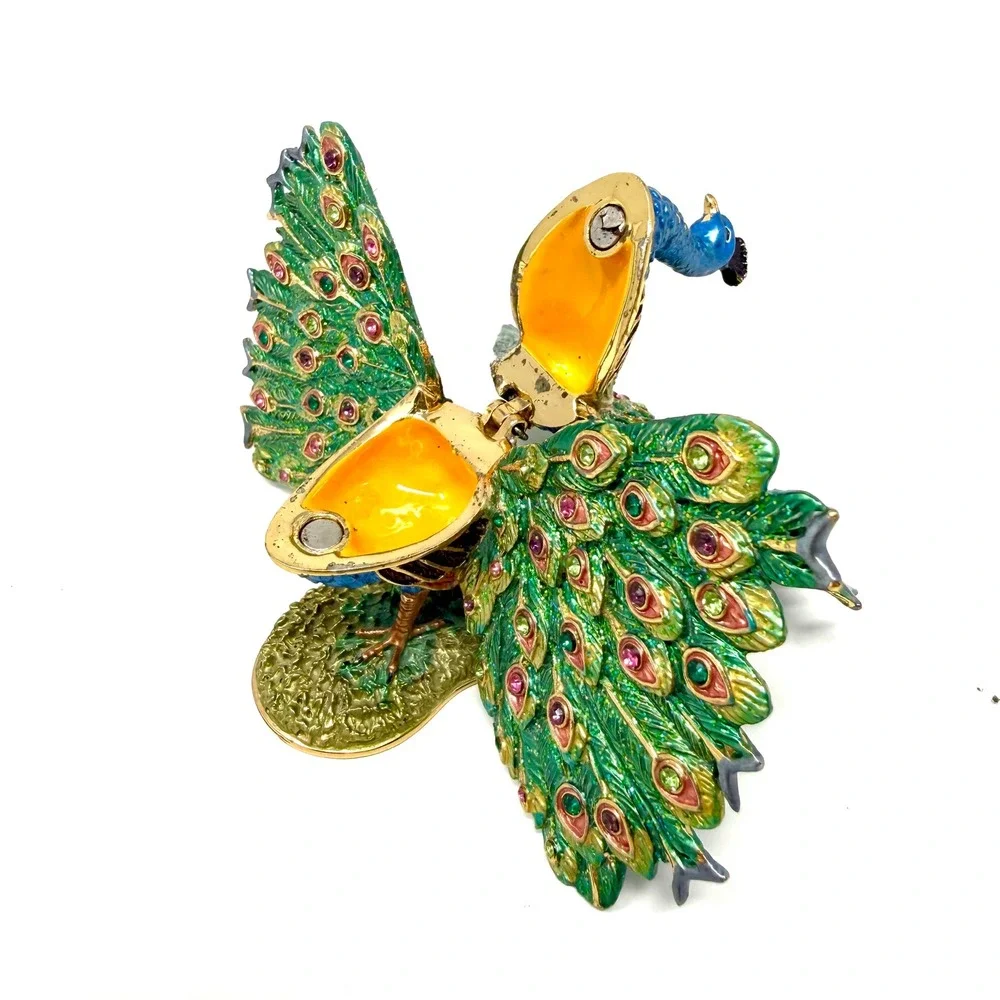 Peacock Trinket Box Enameled Rhinestone Bejeweled Jewelry Holder Green Gold VTG